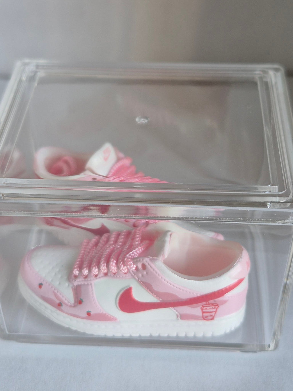 Pink Strawberry Low-Top Mini Sneakers – Collectible Pair with Display Case