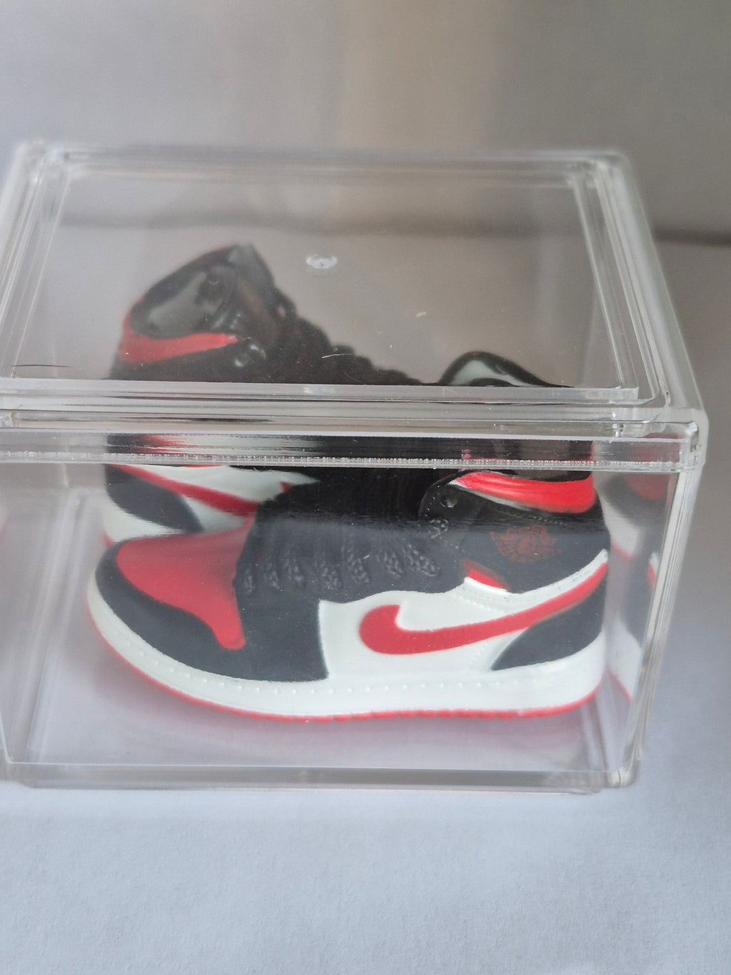 Black Red and White High-Top Mini Sneakers – Collectible Pair with Display Case