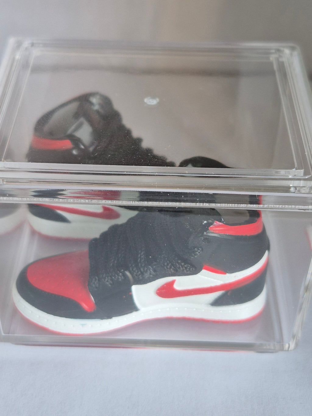Black Red and White High-Top Mini Sneakers – Collectible Pair with Display Case