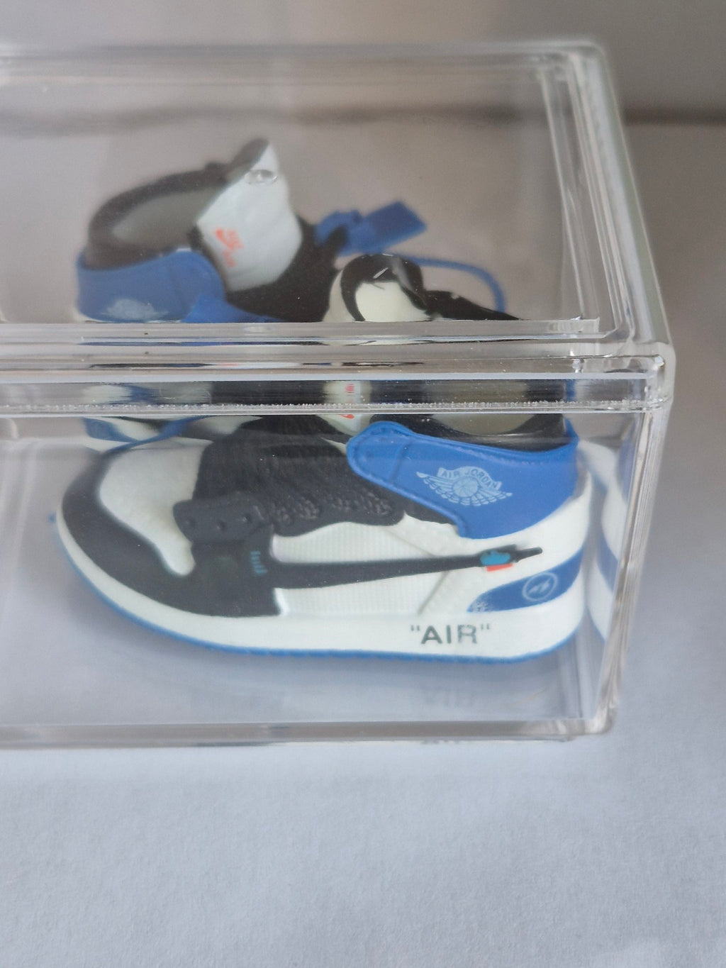 Blue White and Black Designer-Style High-Top Mini Sneakers – Collectible Pair with Display Case