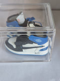 Blue White and Black Designer-Style High-Top Mini Sneakers – Collectible Pair with Display Case