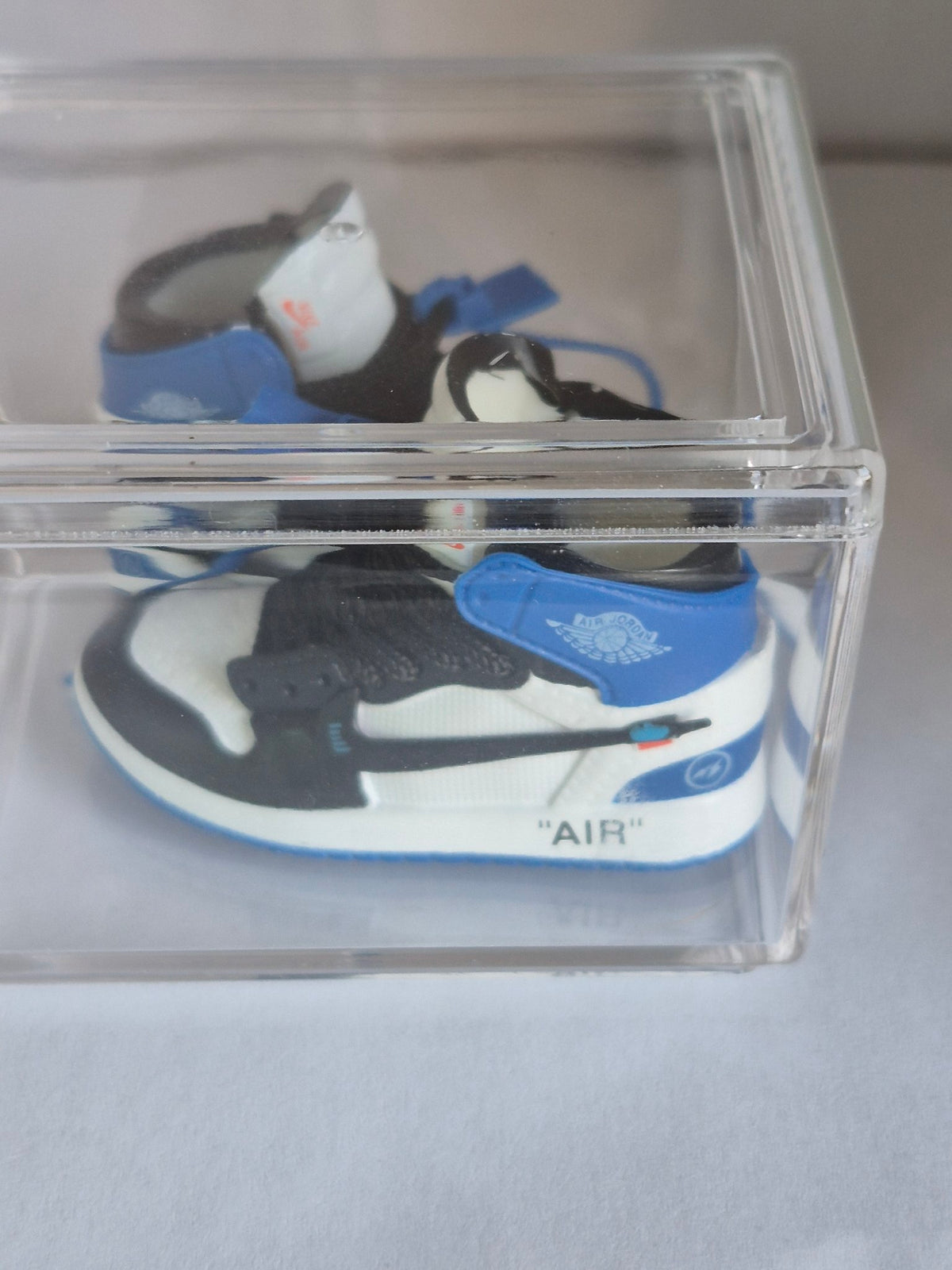 Blue White and Black Designer-Style High-Top Mini Sneakers – Collectible Pair with Display Case
