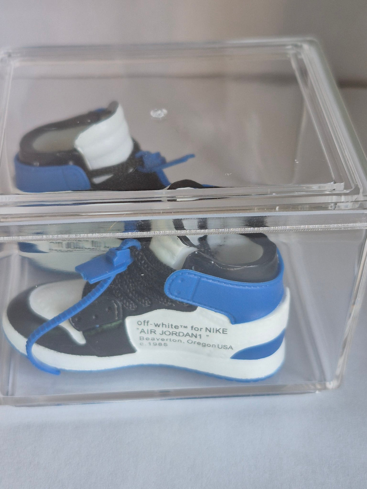 Blue White and Black Designer-Style High-Top Mini Sneakers – Collectible Pair with Display Case