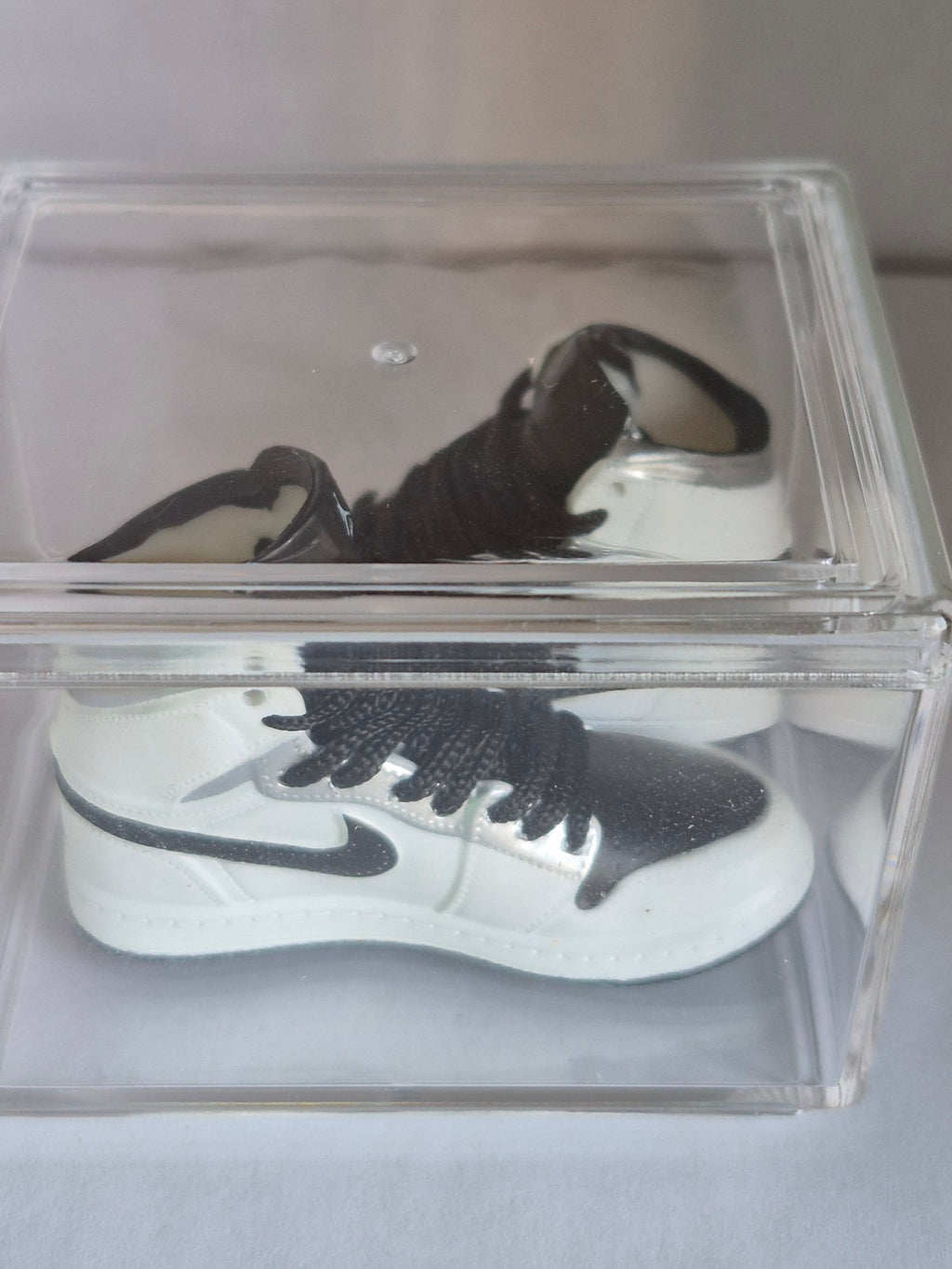 White Black and Silver High-Top Mini Sneakers – Collectible Pair with Display Case