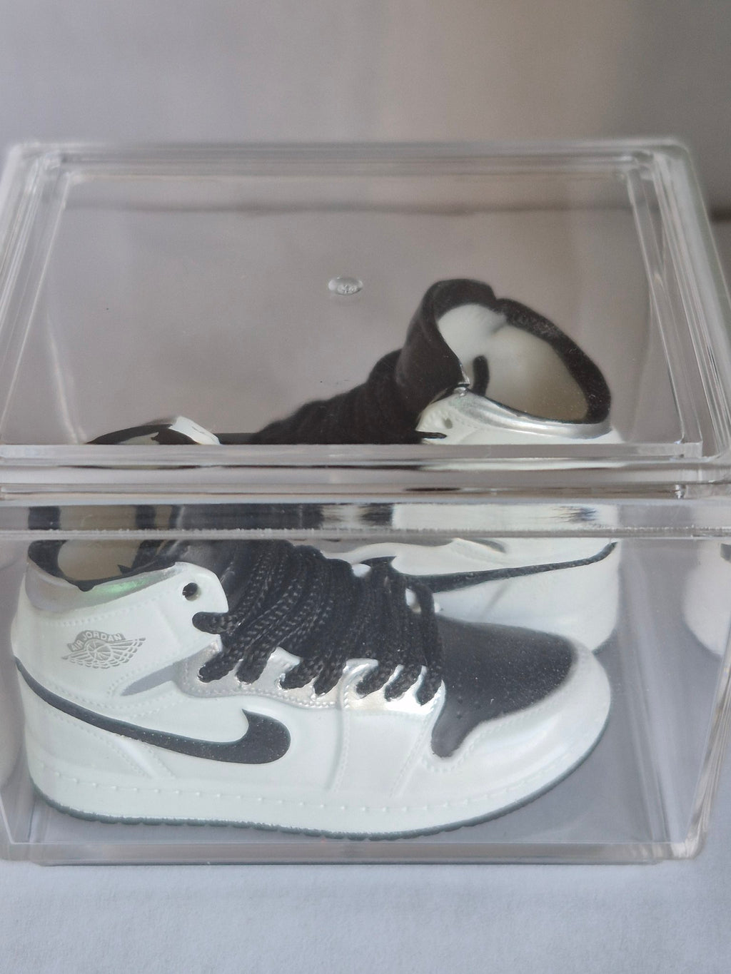 White Black and Silver High-Top Mini Sneakers – Collectible Pair with Display Case