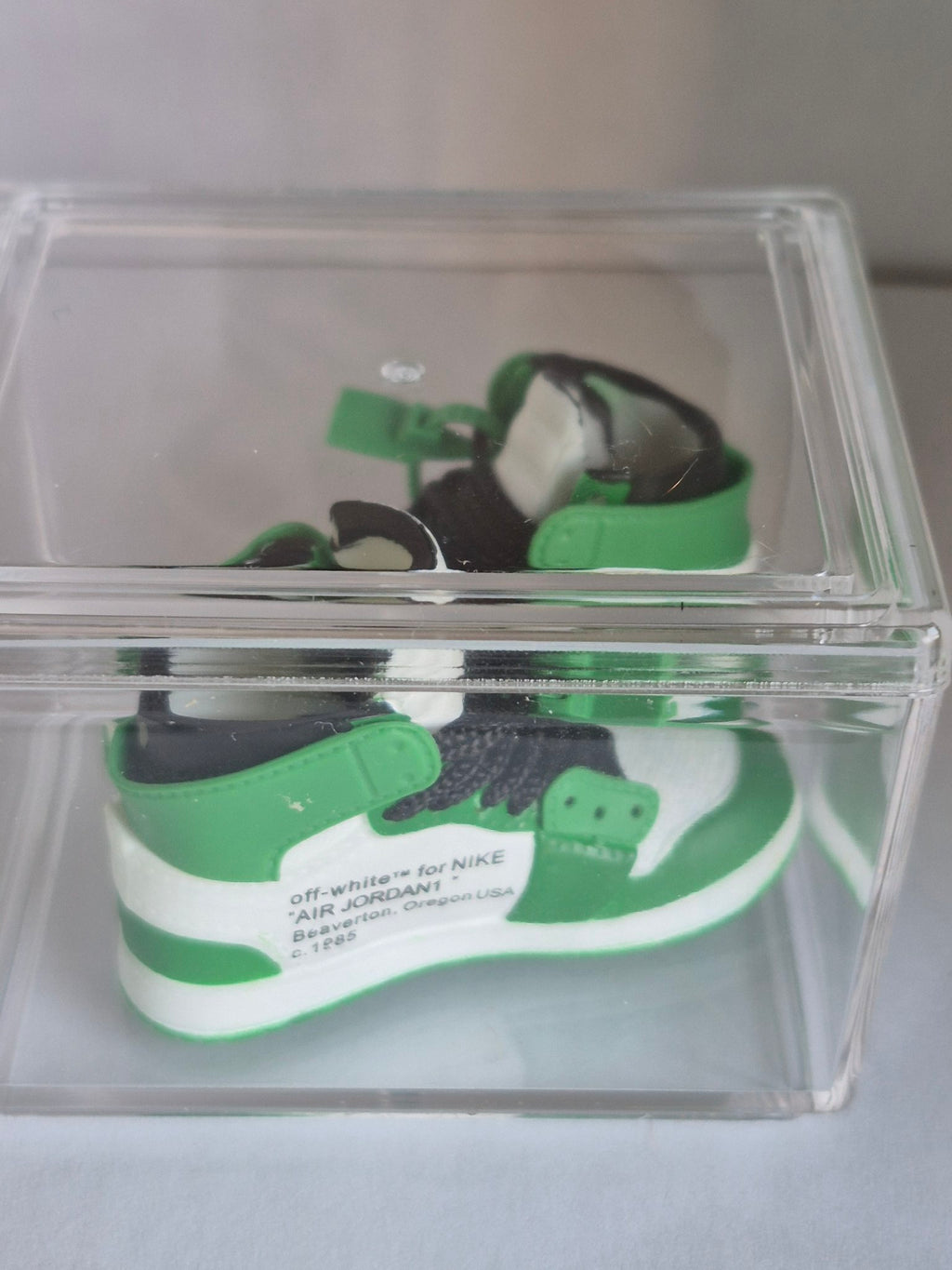 Green White and Black Designer-Style High-Top Mini Sneakers – Collectible Pair with Display Case