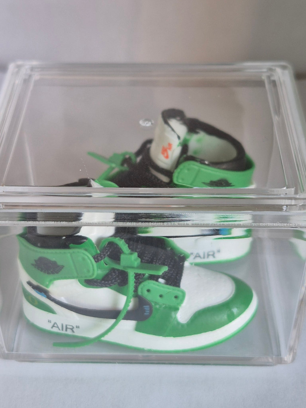 Green White and Black Designer-Style High-Top Mini Sneakers – Collectible Pair with Display Case