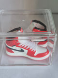 Red and White High-Top Mini Sneakers – Collectible Pair with Display Case