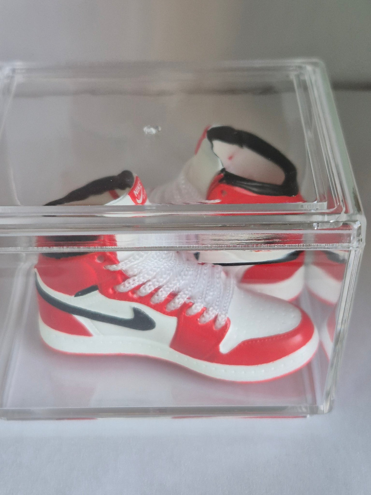 Red and White High-Top Mini Sneakers – Collectible Pair with Display Case