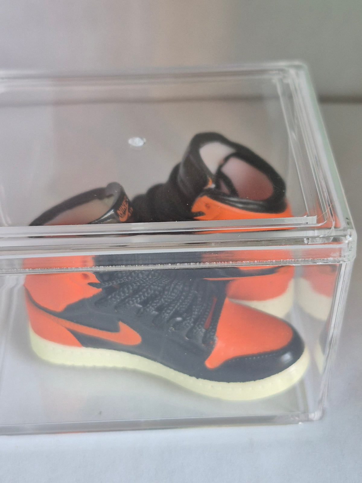 Orange and Black High-Top Mini Sneakers – Collectible Pair with Display Case