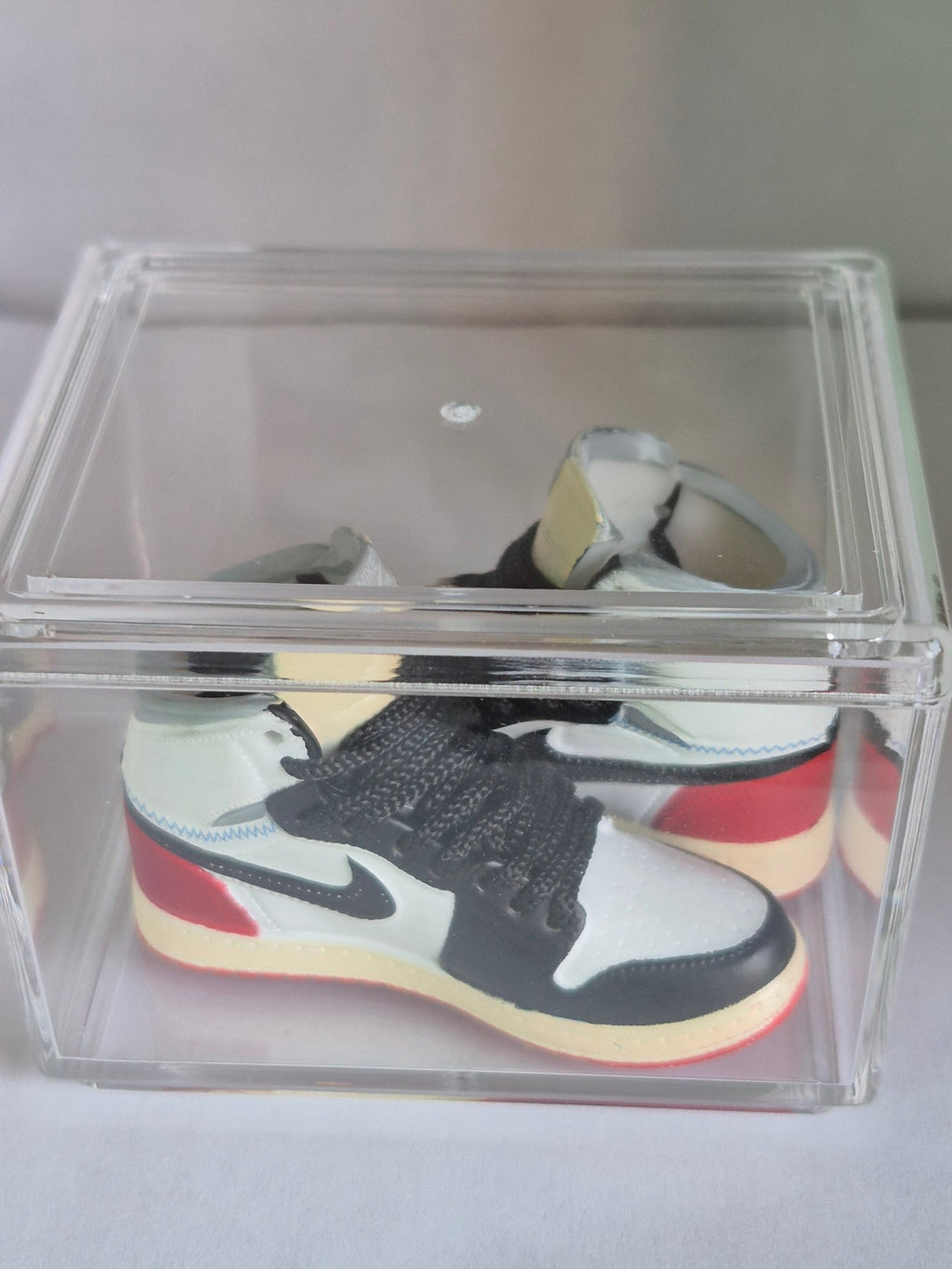 White Black and Red High-Top Mini Sneakers – Collectible Pair with Display Case