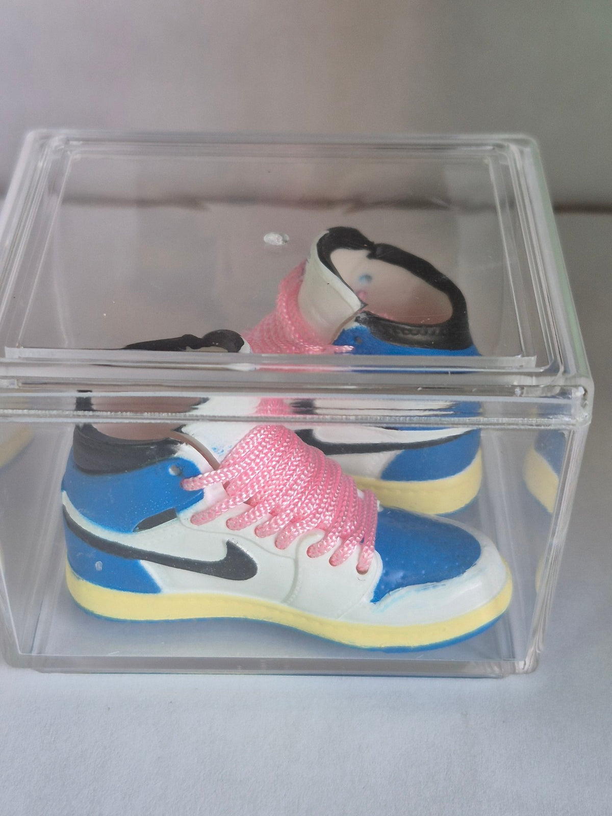 Blue and White High-Top Mini Sneakers with Pink Laces – Collectible Pair with Display Case