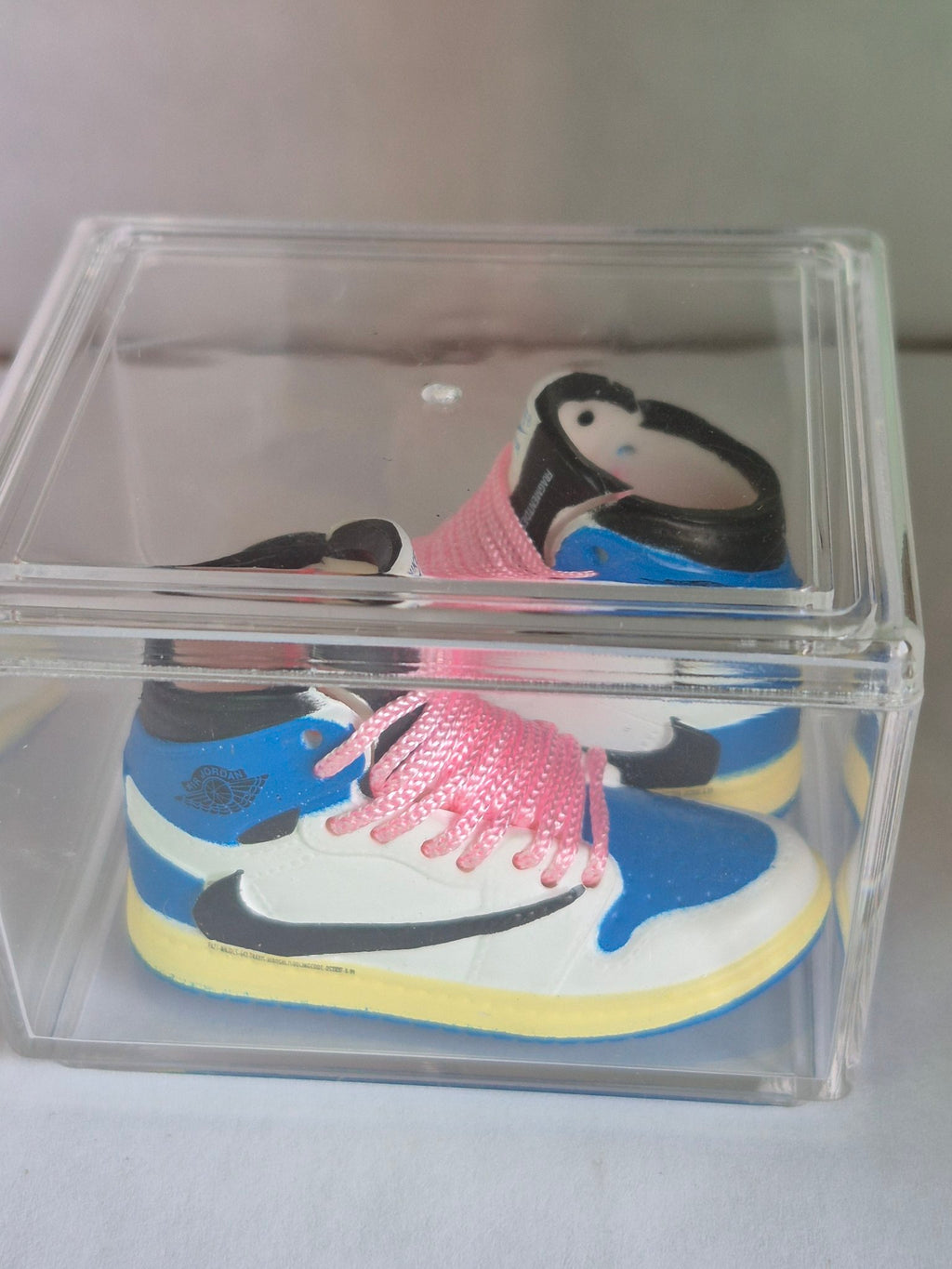 Blue and White High-Top Mini Sneakers with Pink Laces – Collectible Pair with Display Case