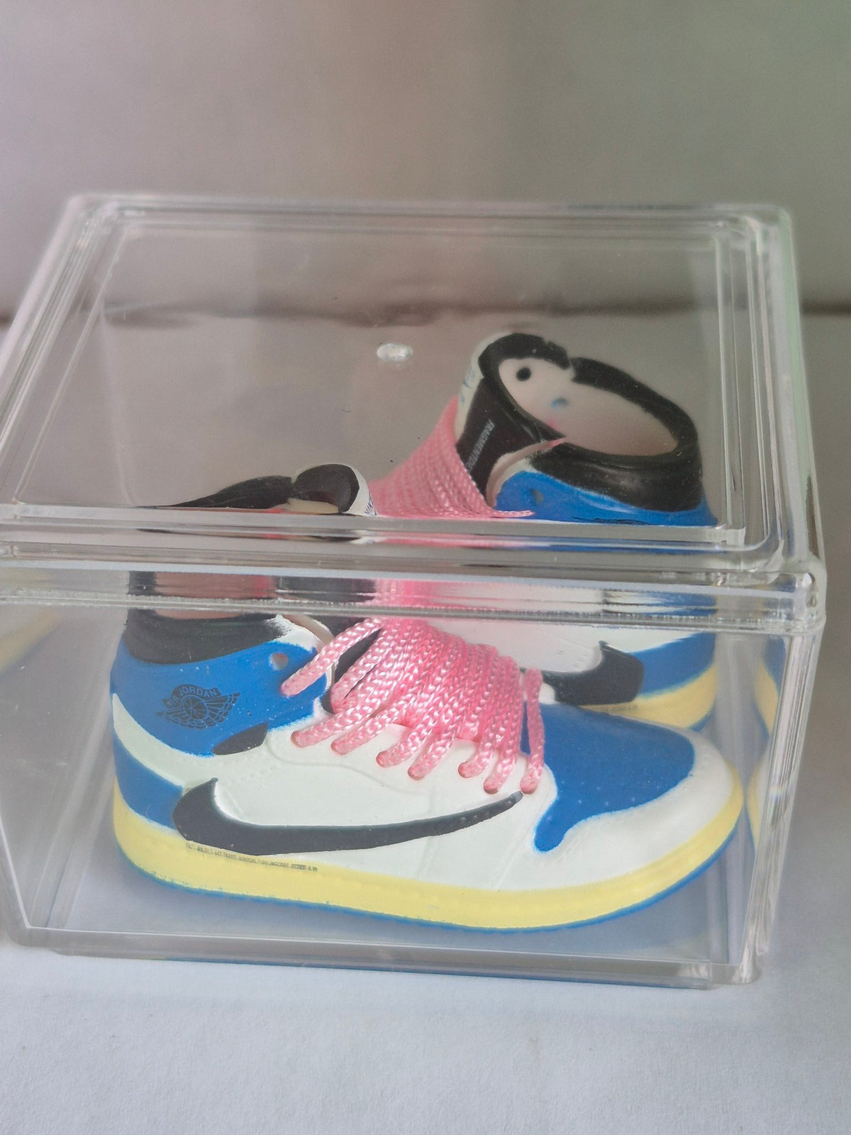 Blue and White High-Top Mini Sneakers with Pink Laces – Collectible Pair with Display Case