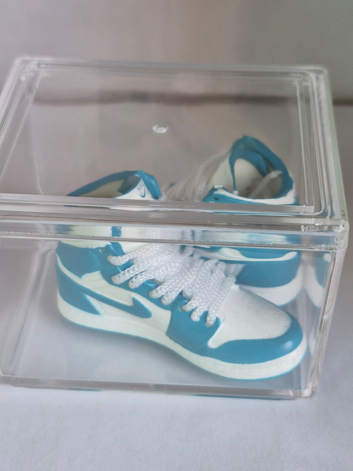 Sky Blue and White High-Top Mini Sneakers – Collectible Pair with Display Case