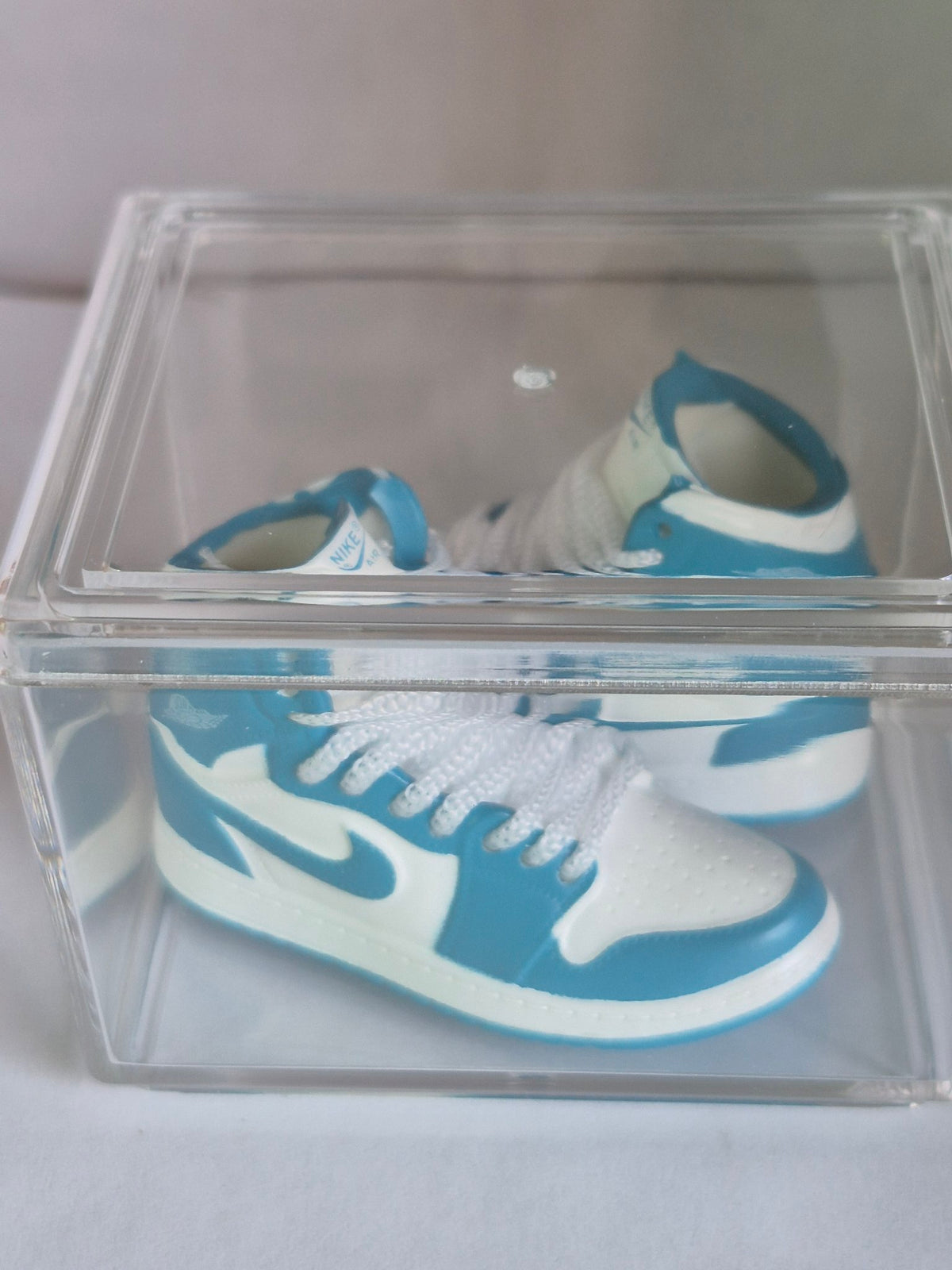 Sky Blue and White High-Top Mini Sneakers – Collectible Pair with Display Case