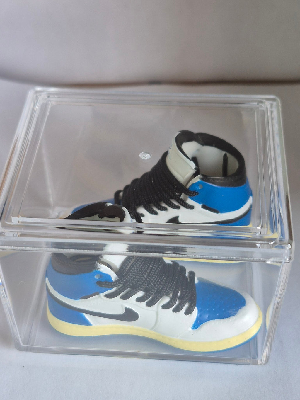Blue and White High-Top Mini Sneakers with Black Laces – Collectible Pair with Display Case
