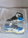 Blue and White High-Top Mini Sneakers with Black Laces – Collectible Pair with Display Case