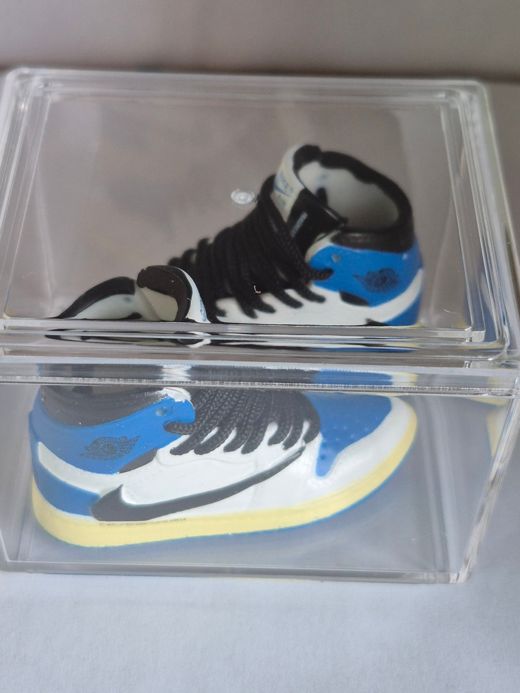 Blue and White High-Top Mini Sneakers with Black Laces – Collectible Pair with Display Case