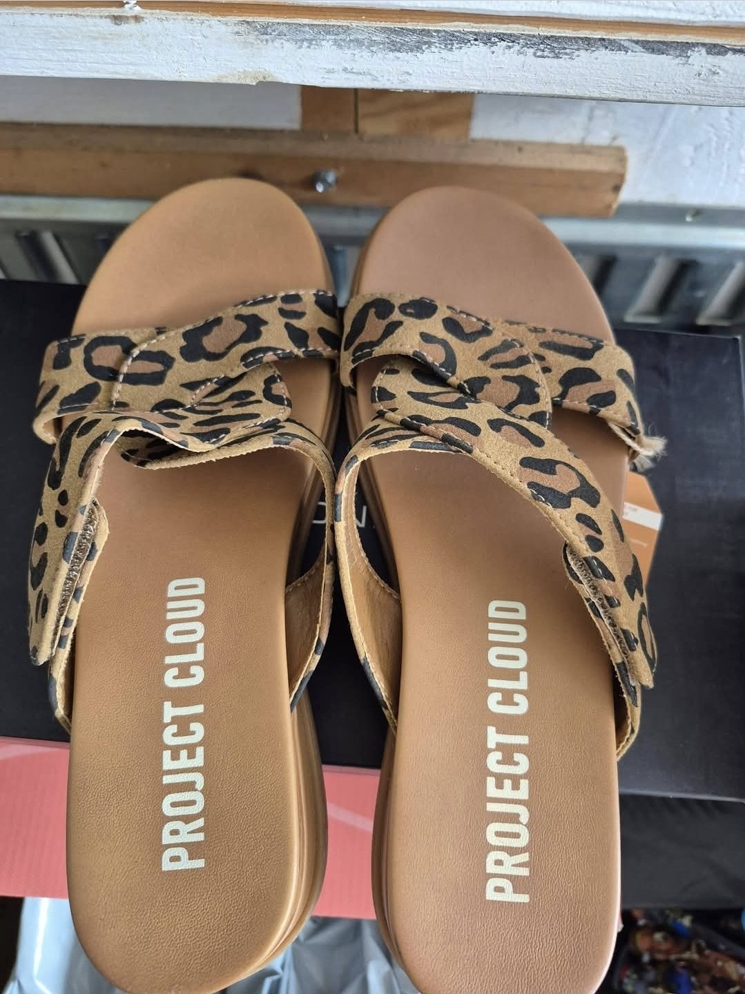 Project Cloud leopard print slide sandals, top view of the pair