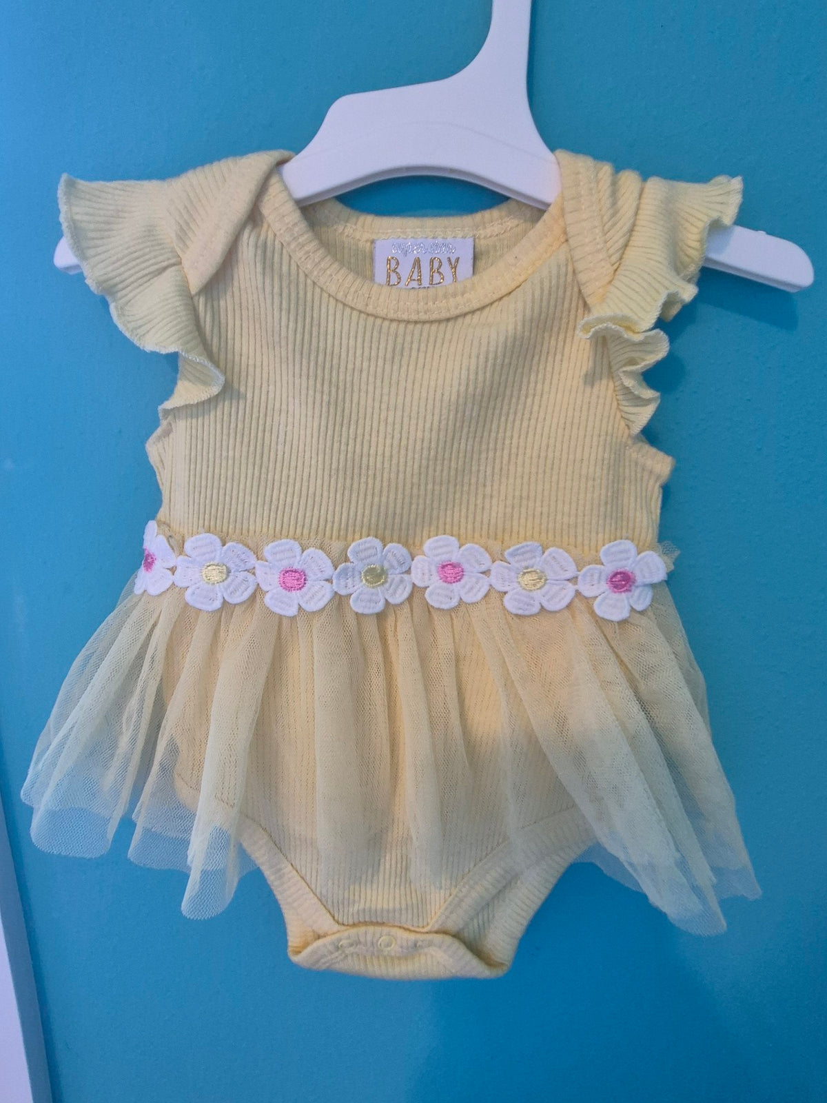Baby Girl Tutu Bodysuit Dress – Yellow Daisy, 0-3 Months (Gently Used)
