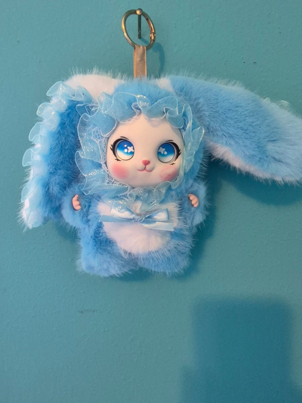 Fluffy Bunny Plush Bag Charm Keychain – Blue, Choose Your Flower Color