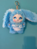 Fluffy Bunny Plush Bag Charm Keychain – Blue, Choose Your Flower Color
