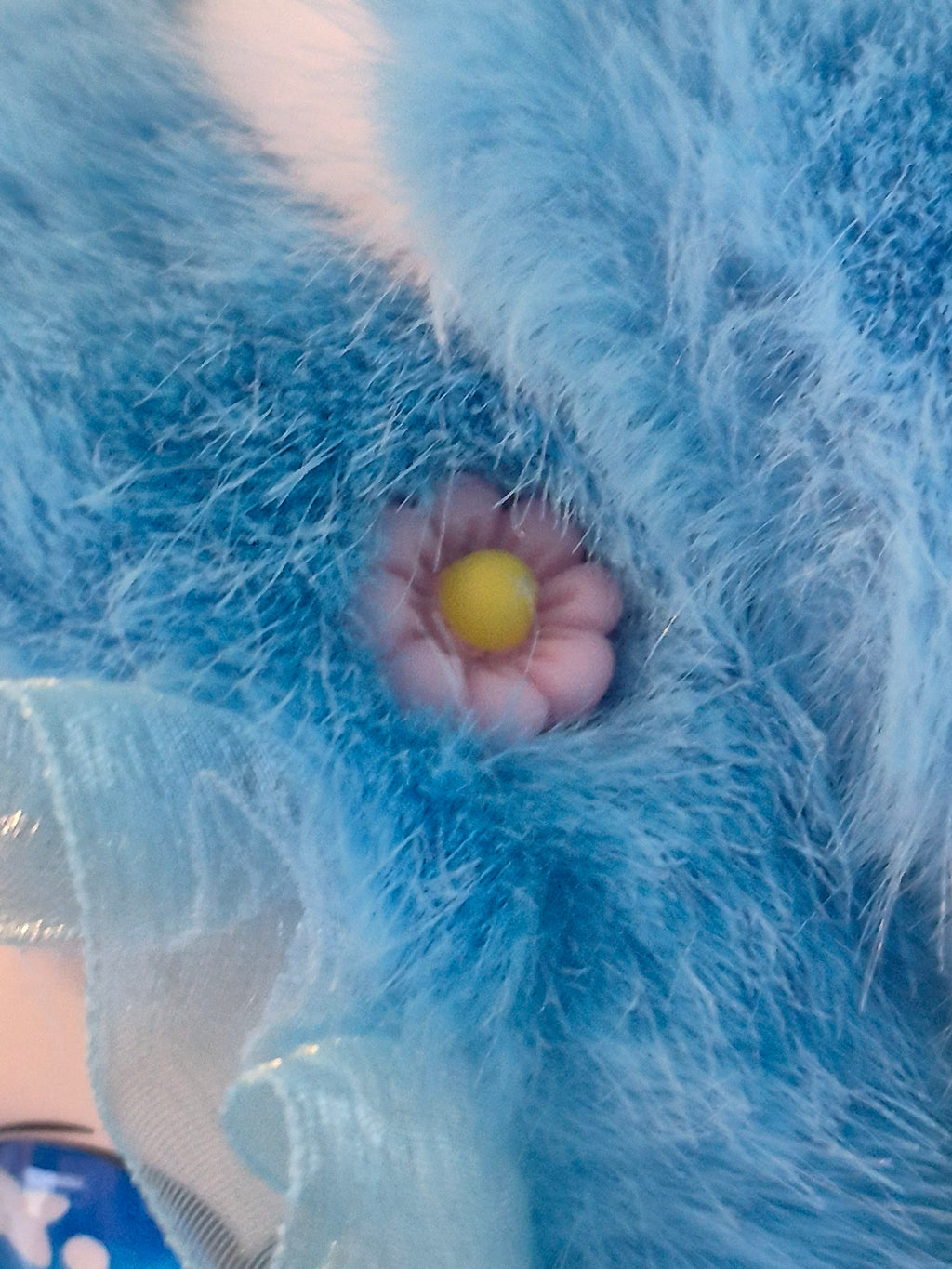 Fluffy Bunny Plush Bag Charm Keychain – Blue, Choose Your Flower Color