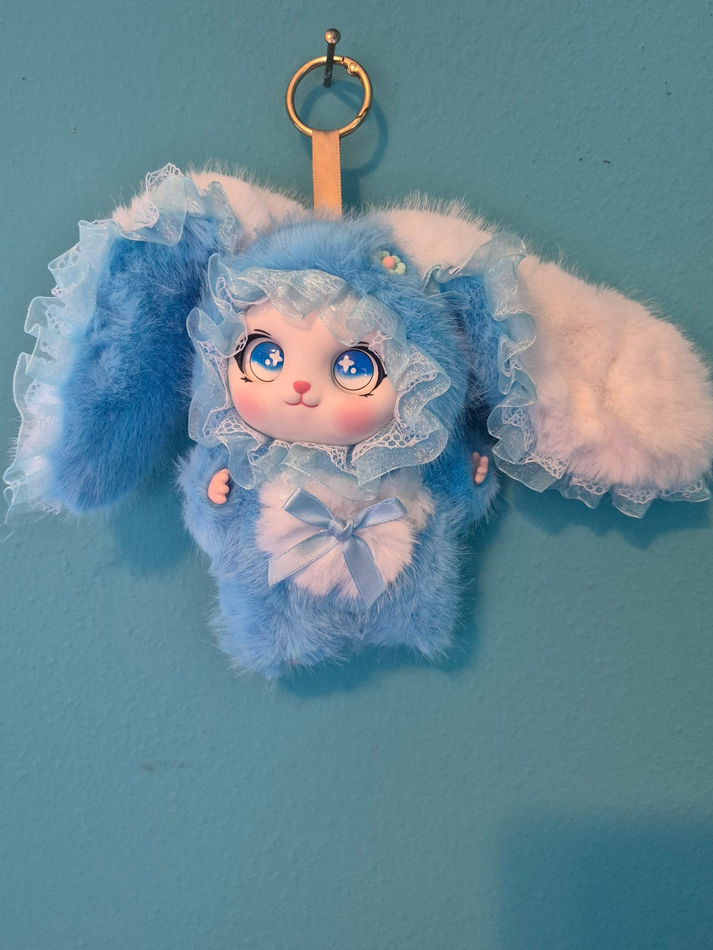 Fluffy Bunny Plush Bag Charm Keychain – Blue, Choose Your Flower Color