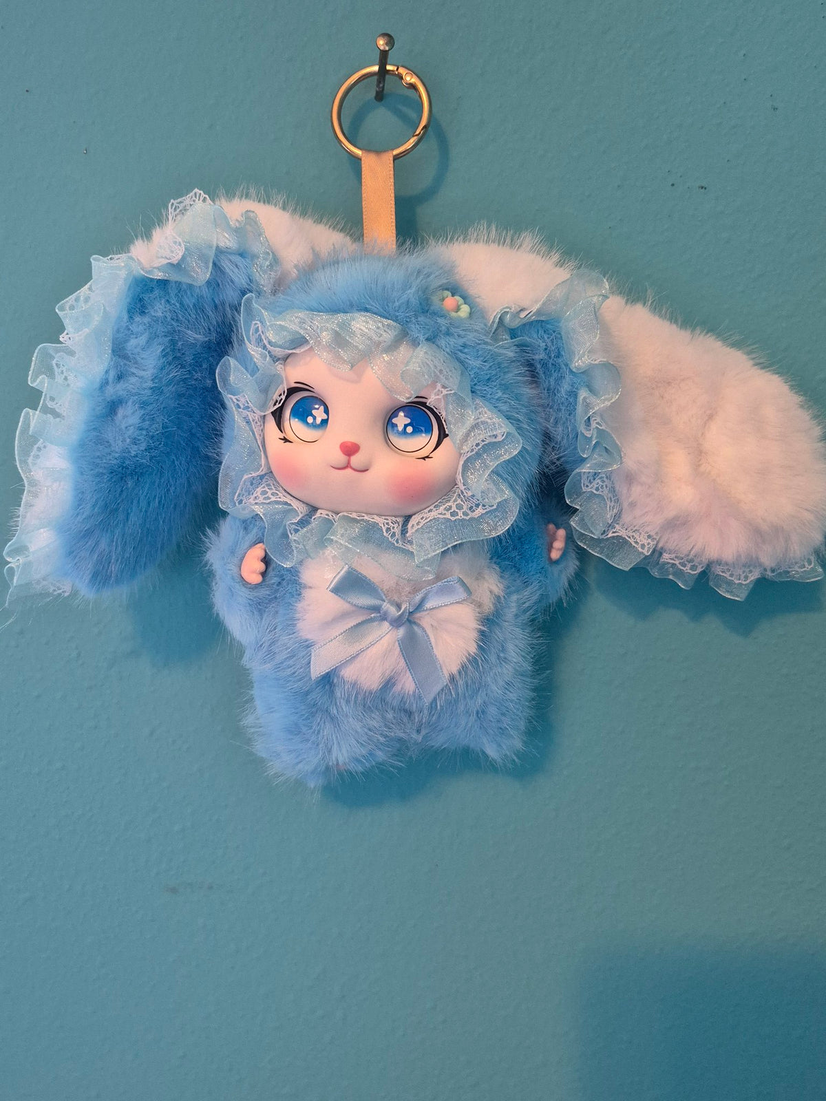 Fluffy Bunny Plush Bag Charm Keychain – Blue, Choose Your Flower Color