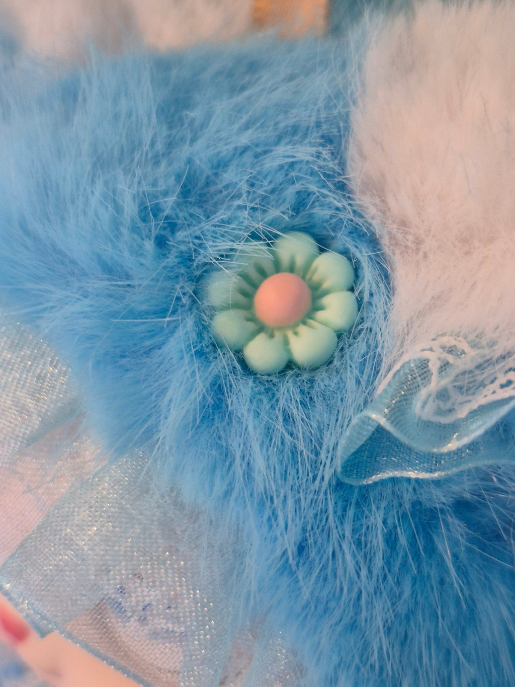 Fluffy Bunny Plush Bag Charm Keychain – Blue, Choose Your Flower Color