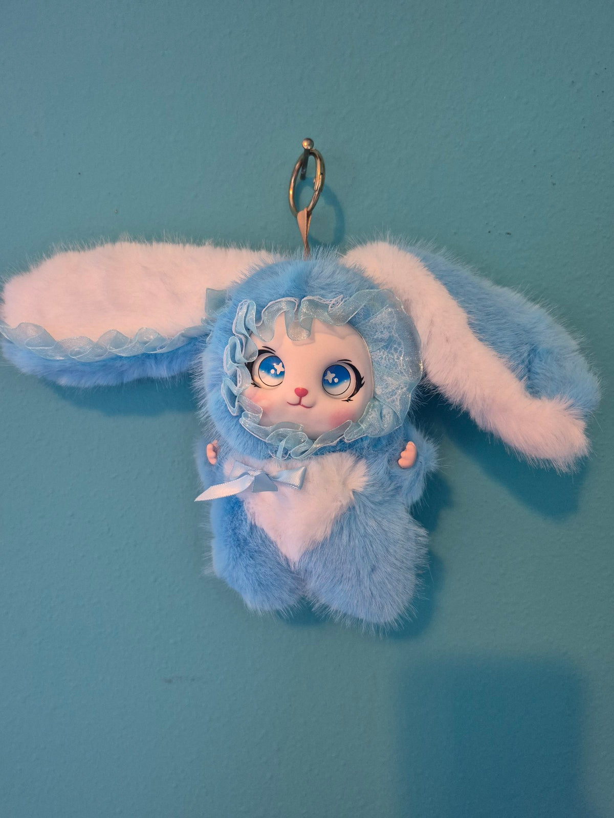 Fluffy Bunny Plush Bag Charm Keychain – Blue, Choose Your Flower Color