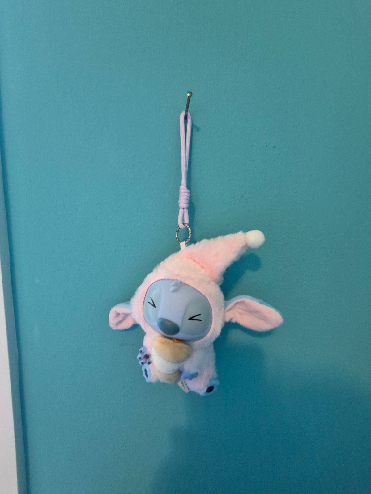 Stitch Plush Keychain – Pink Pajama Nightcap with Coffee Cup