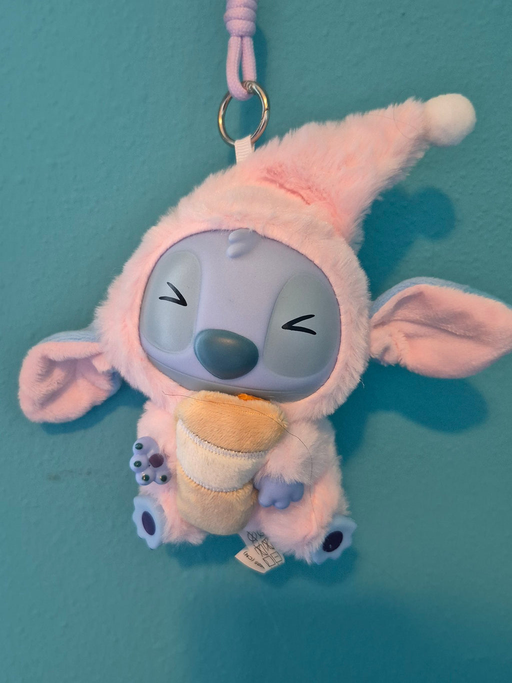Stitch Plush Keychain – Pink Pajama Nightcap with Coffee Cup