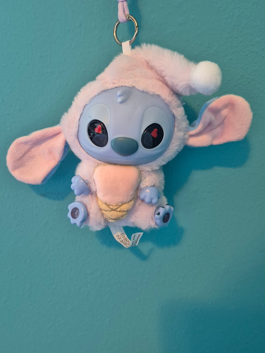 Stitch Plush Keychain – Pink Nightcap with Ice Cream Cone, Heart Eyes