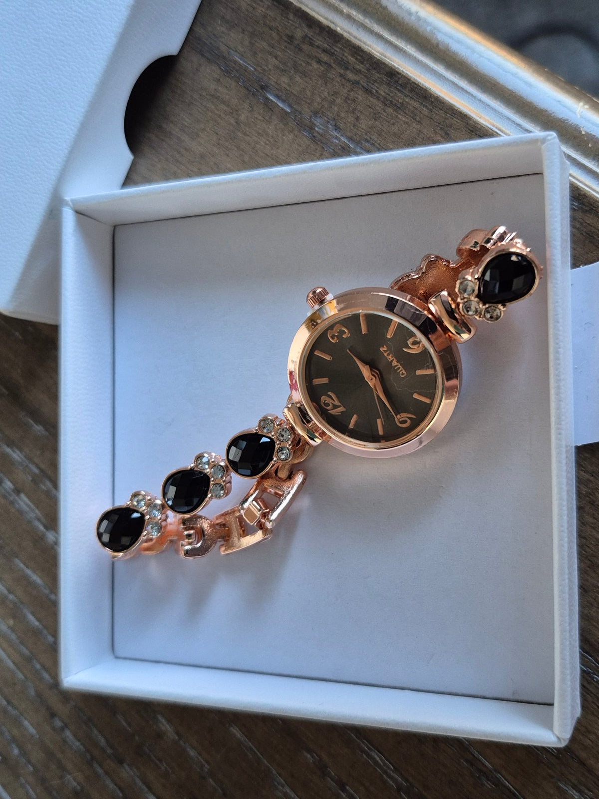 Women's Rose Gold Quartz Bracelet Watch – Black Gemstone Band