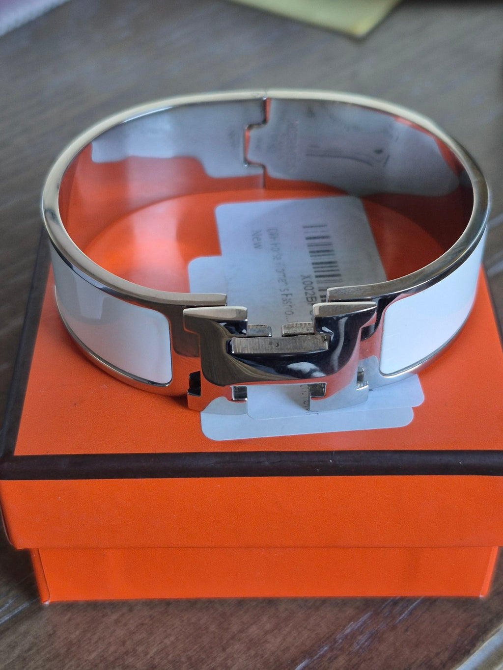 Women's H-Style White Enamel Bangle Bracelet – Silver Tone, 18mm Wide
