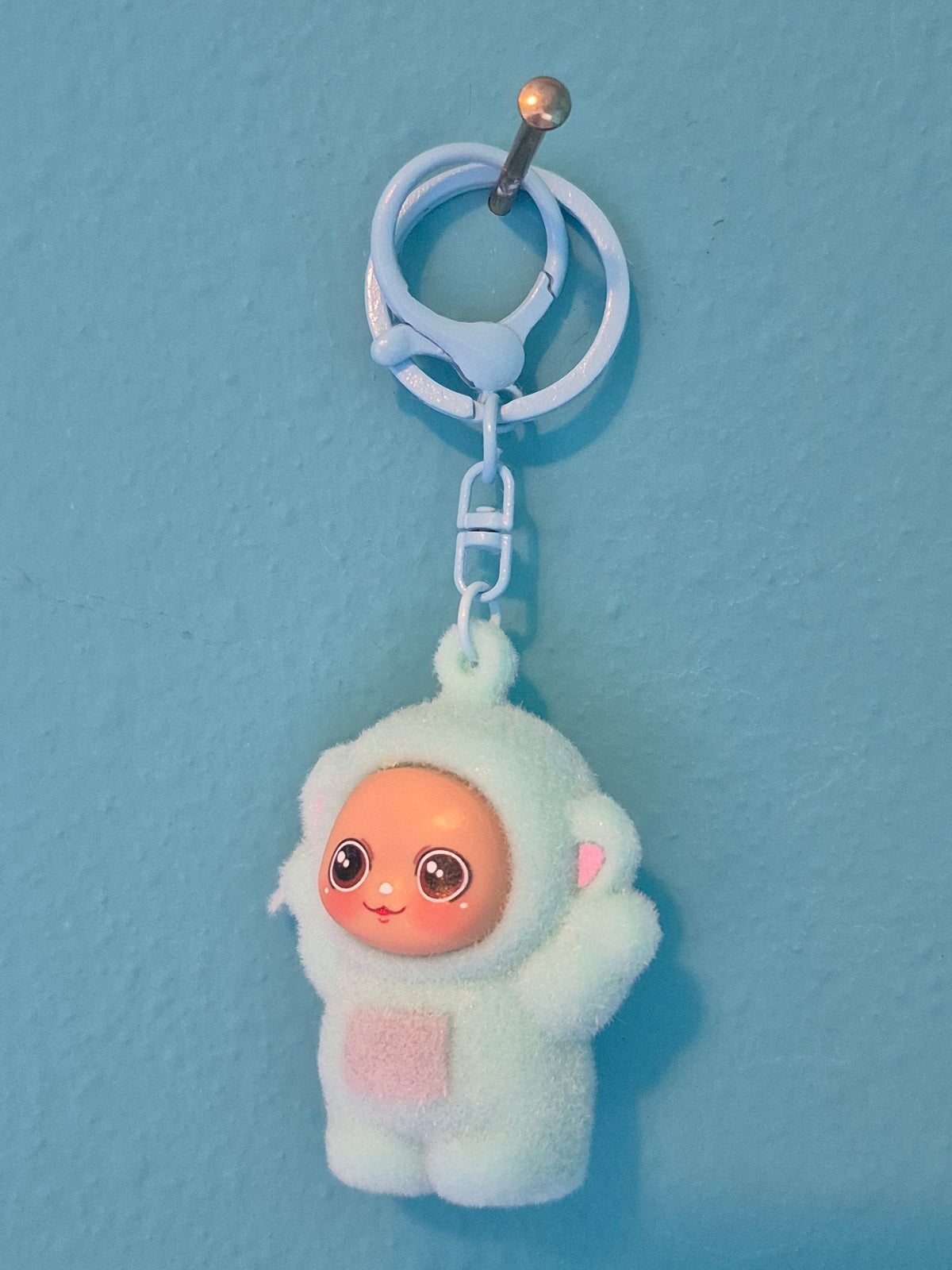 Light Blue Flocked Baby Keychain – Fuzzy Baby Character Keychain with Clip Ring