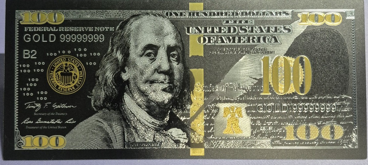Black & Gold Foil $100 Novelty Banknote – Benjamin Franklin Collectible