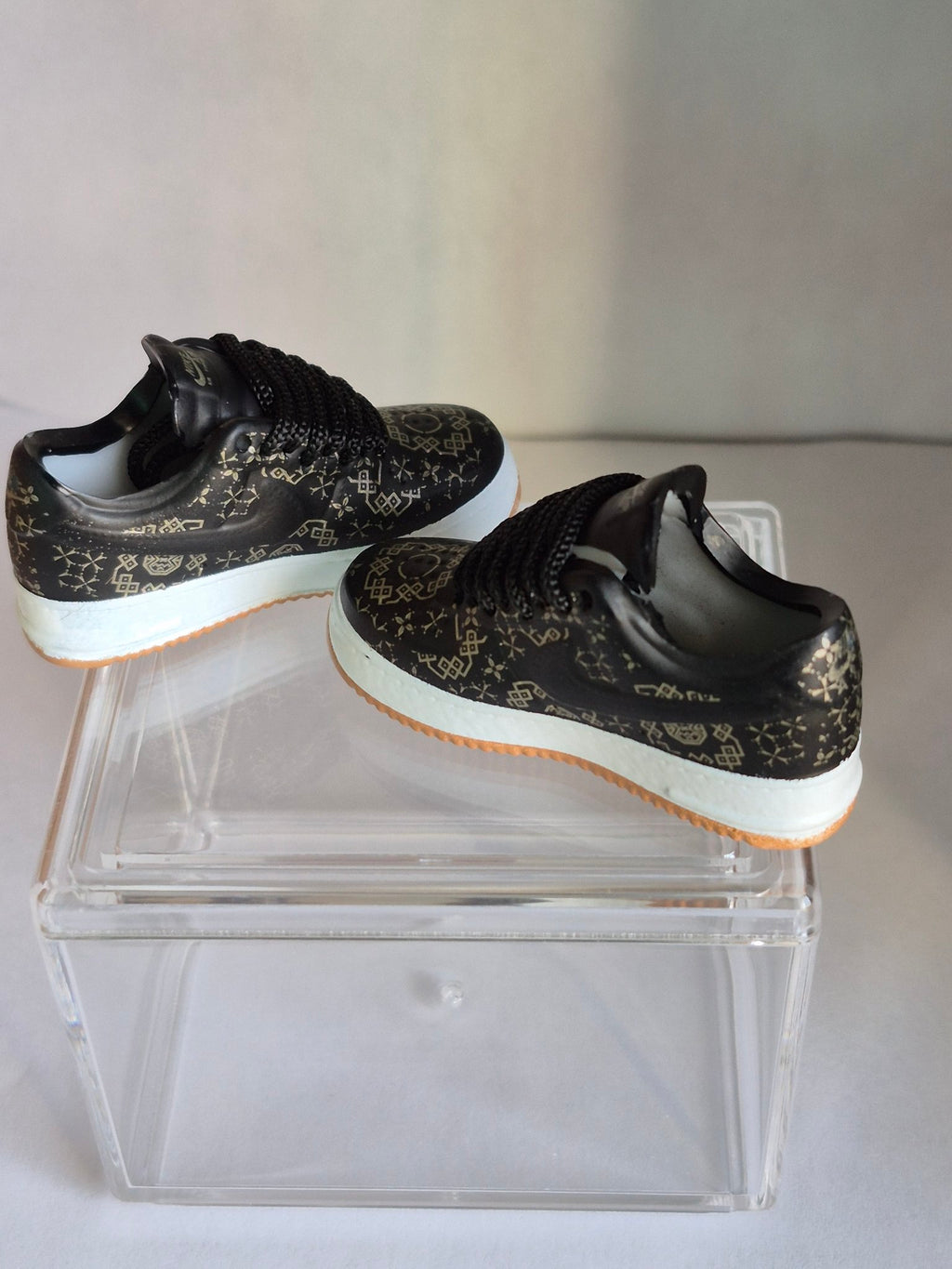 Black and Gold Pattern Mini Sneakers – Collectible Pair with Display Case