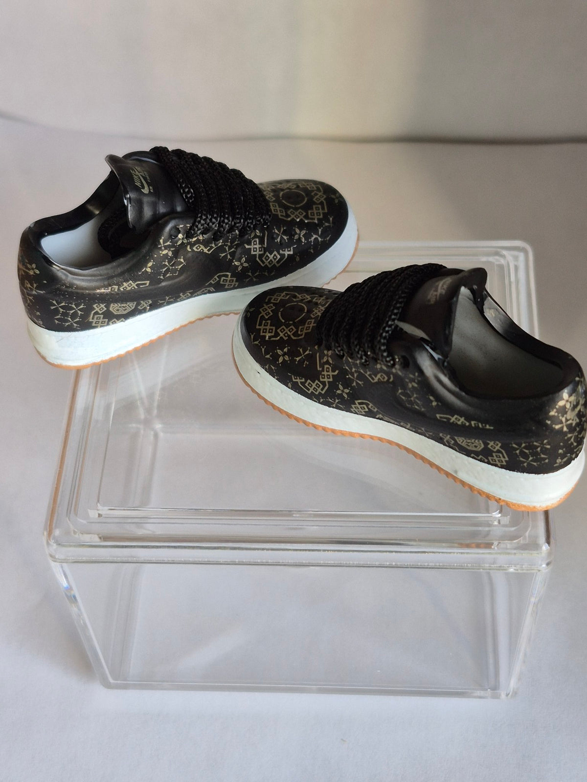 Black and Gold Pattern Mini Sneakers – Collectible Pair with Display Case