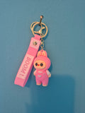 Labubu Pink Overalls Keychain – Bunny Monster Character Keychain with Wrist Strap