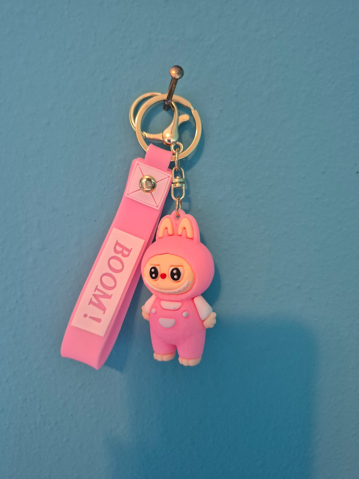Labubu Pink Overalls Keychain – Bunny Monster Character Keychain with Wrist Strap