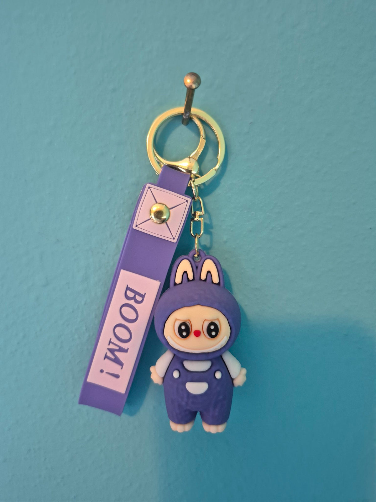 Labubu Purple Overalls Keychain – Bunny Monster Character Keychain with Wrist Strap