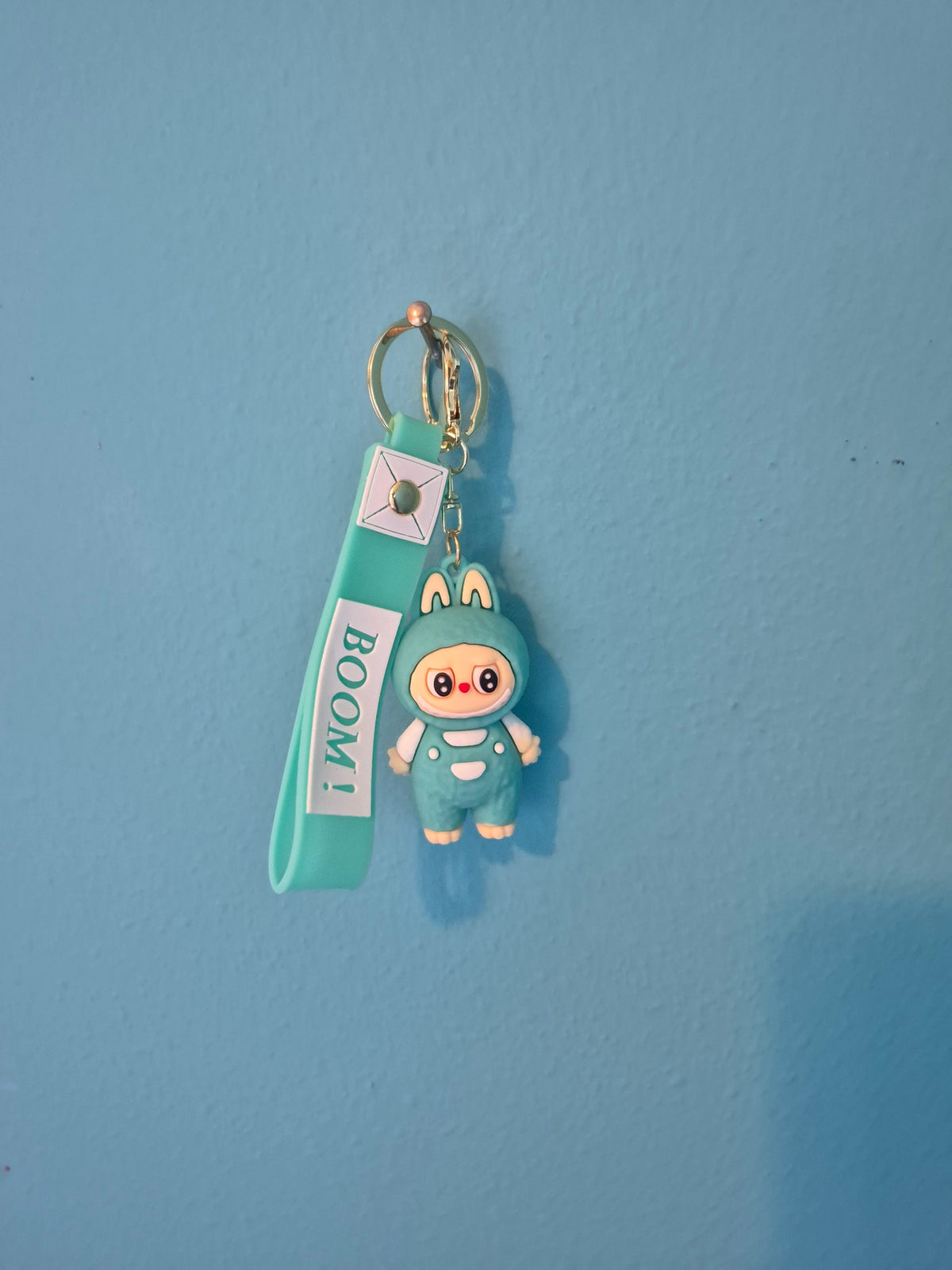 Labubu Teal Overalls Keychain – Bunny Monster Character Keychain with Wrist Strap