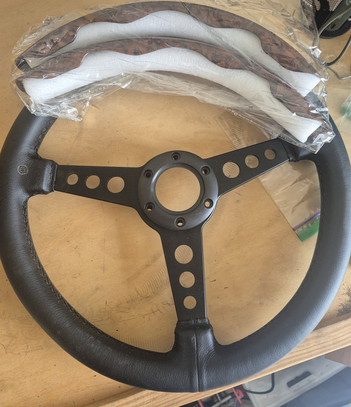 Aftermarket 3-Spoke Steering Wheel – Black Leather Wrap, 6-Bolt Hub